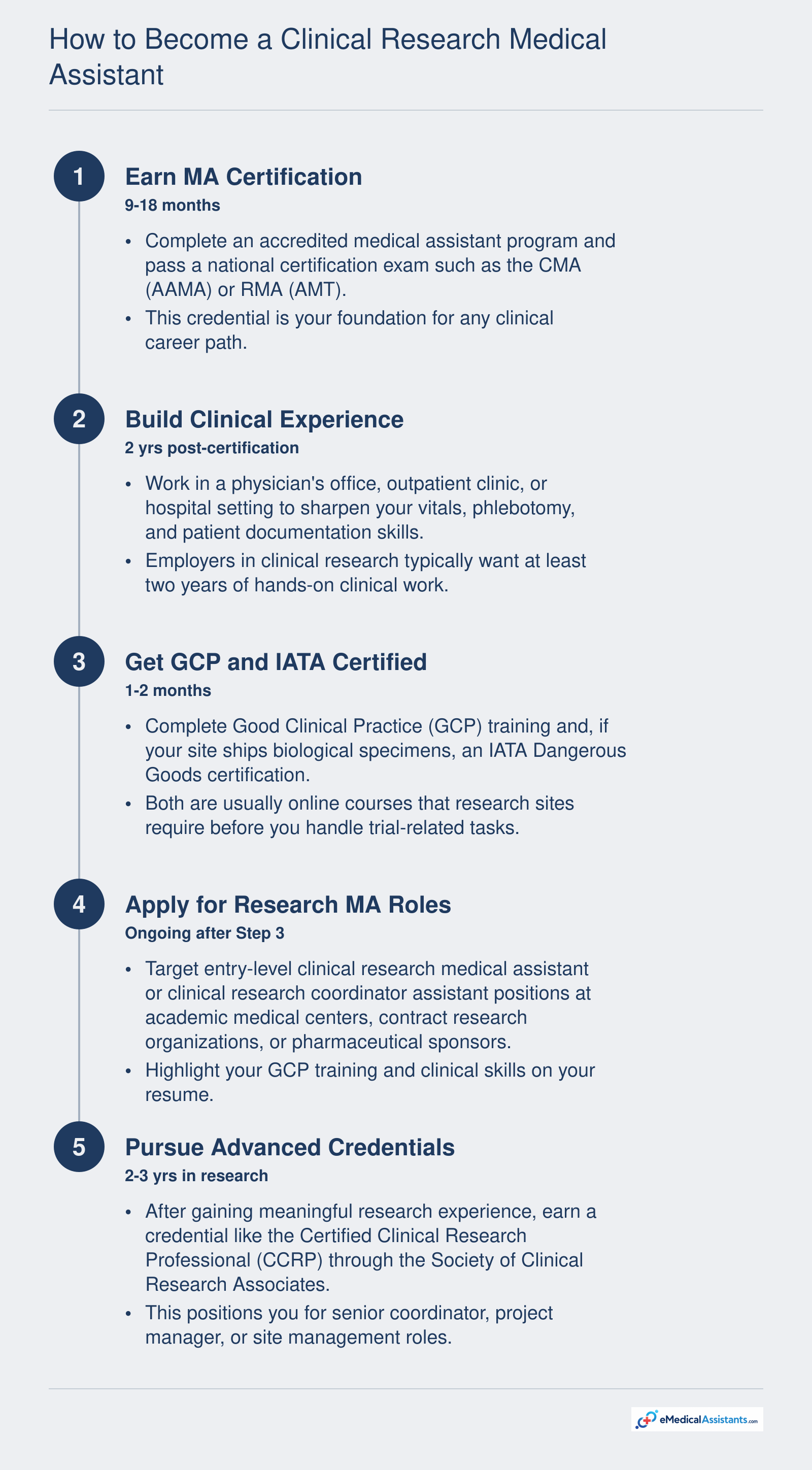 Five-step timeline to become a clinical research medical assistant, spanning roughly five to seven years from initial certification to advanced credentials