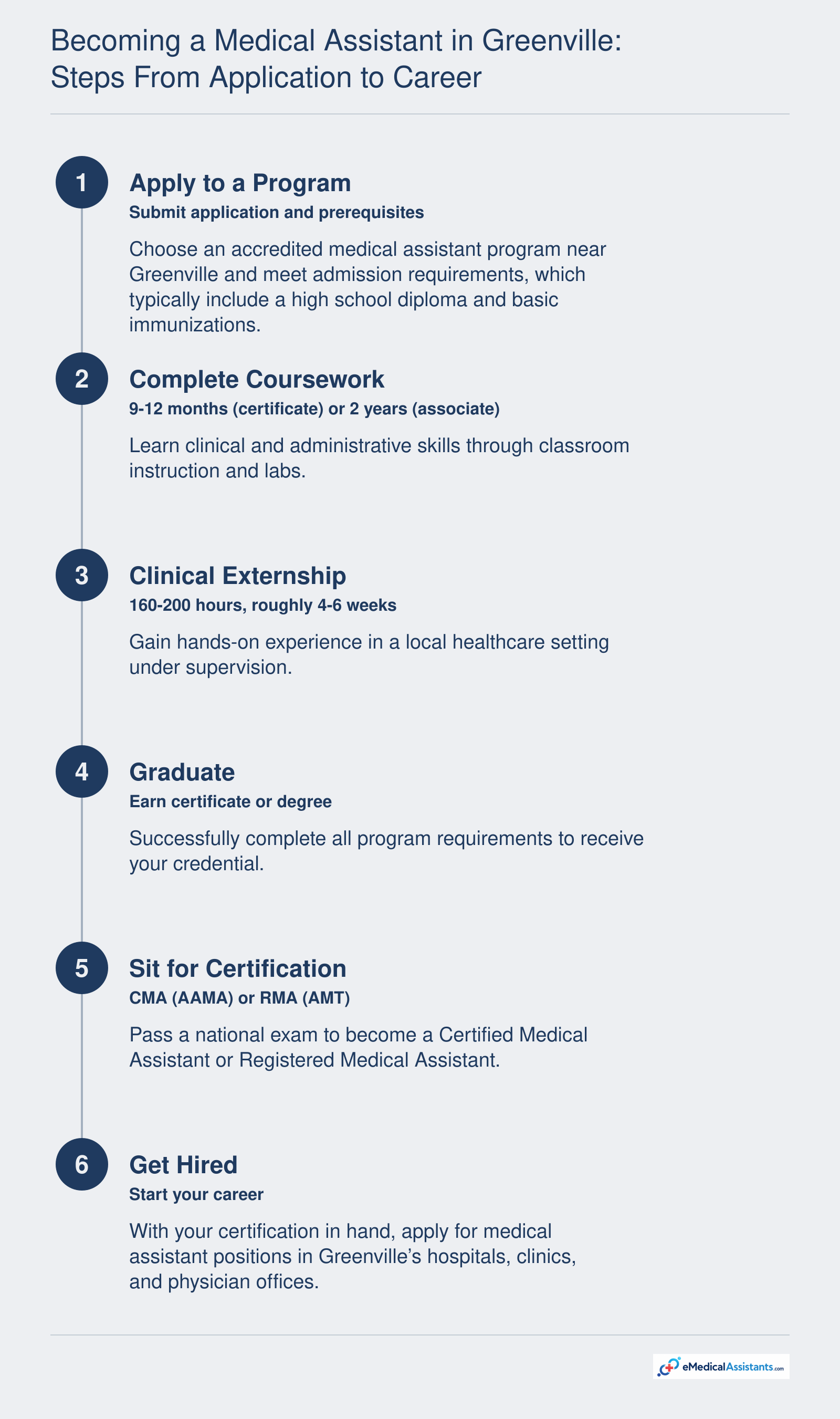 A six-step sequence illustrating the path to becoming a medical assistant in Greenville: from program application through coursework, externship, graduation, certification exam, and employment.