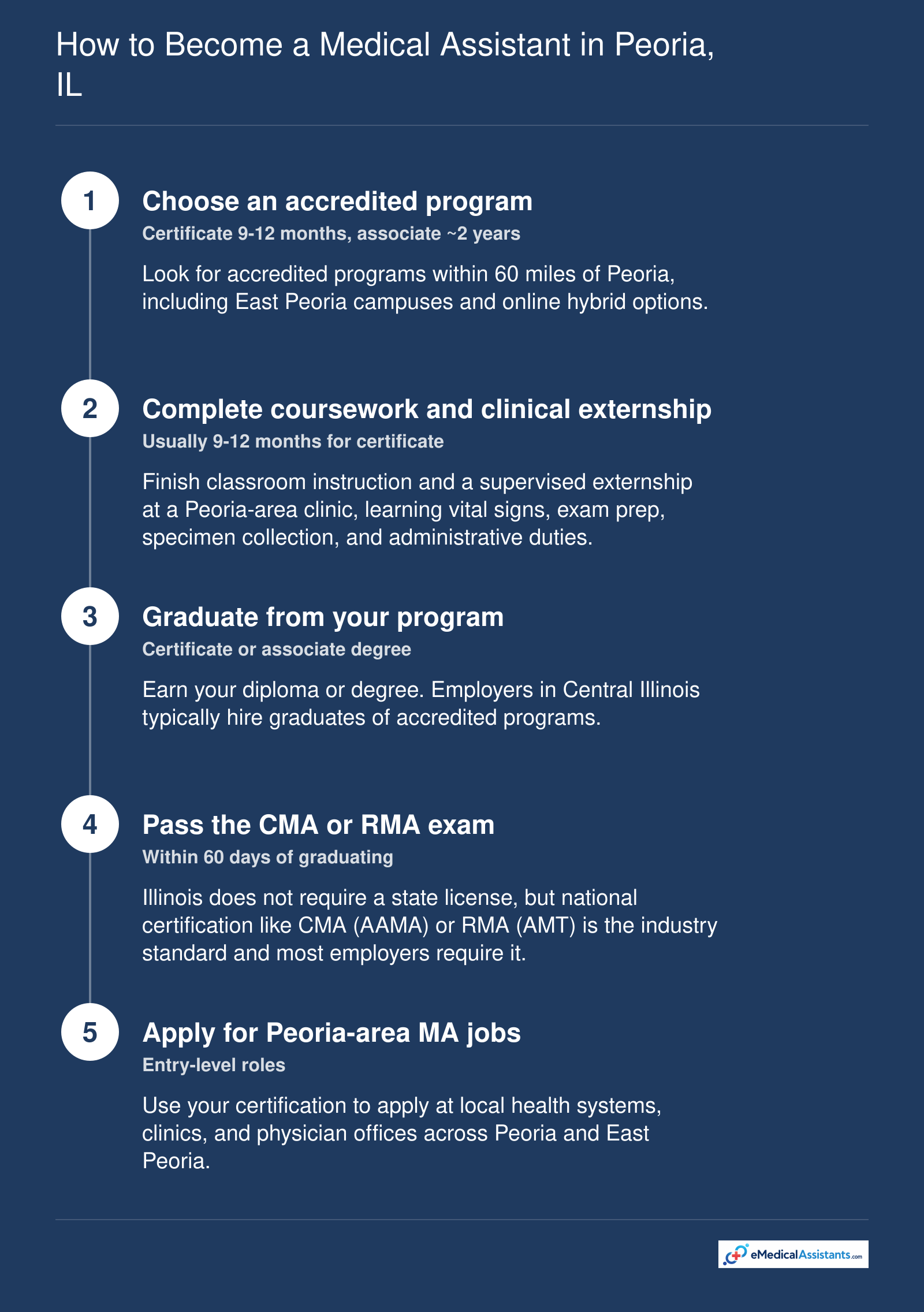 Five-step pathway from accredited training to certification and job application for medical assistants in Peoria, IL, with typical timelines.