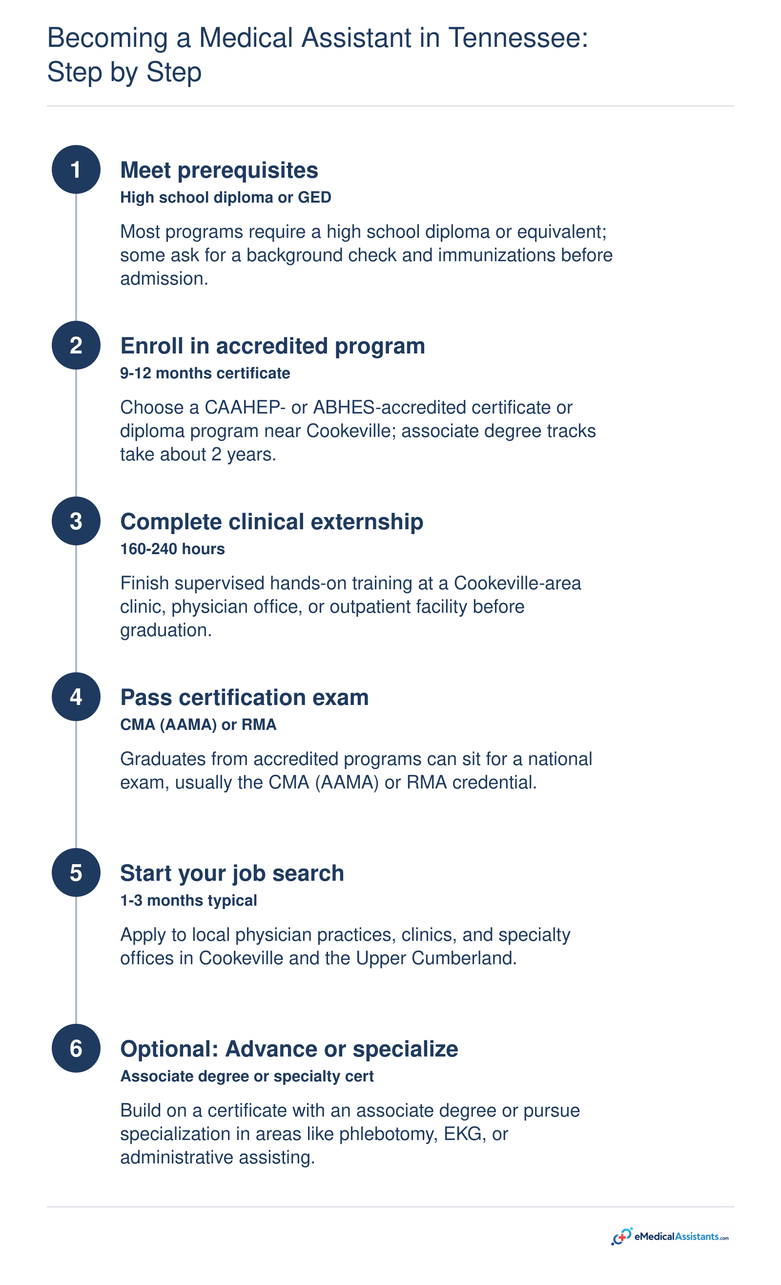 Six-step Tennessee medical assistant pathway covering prerequisites, 9-12 month accredited training, 160-240 hour externship, certification, job search, and optional specialization.